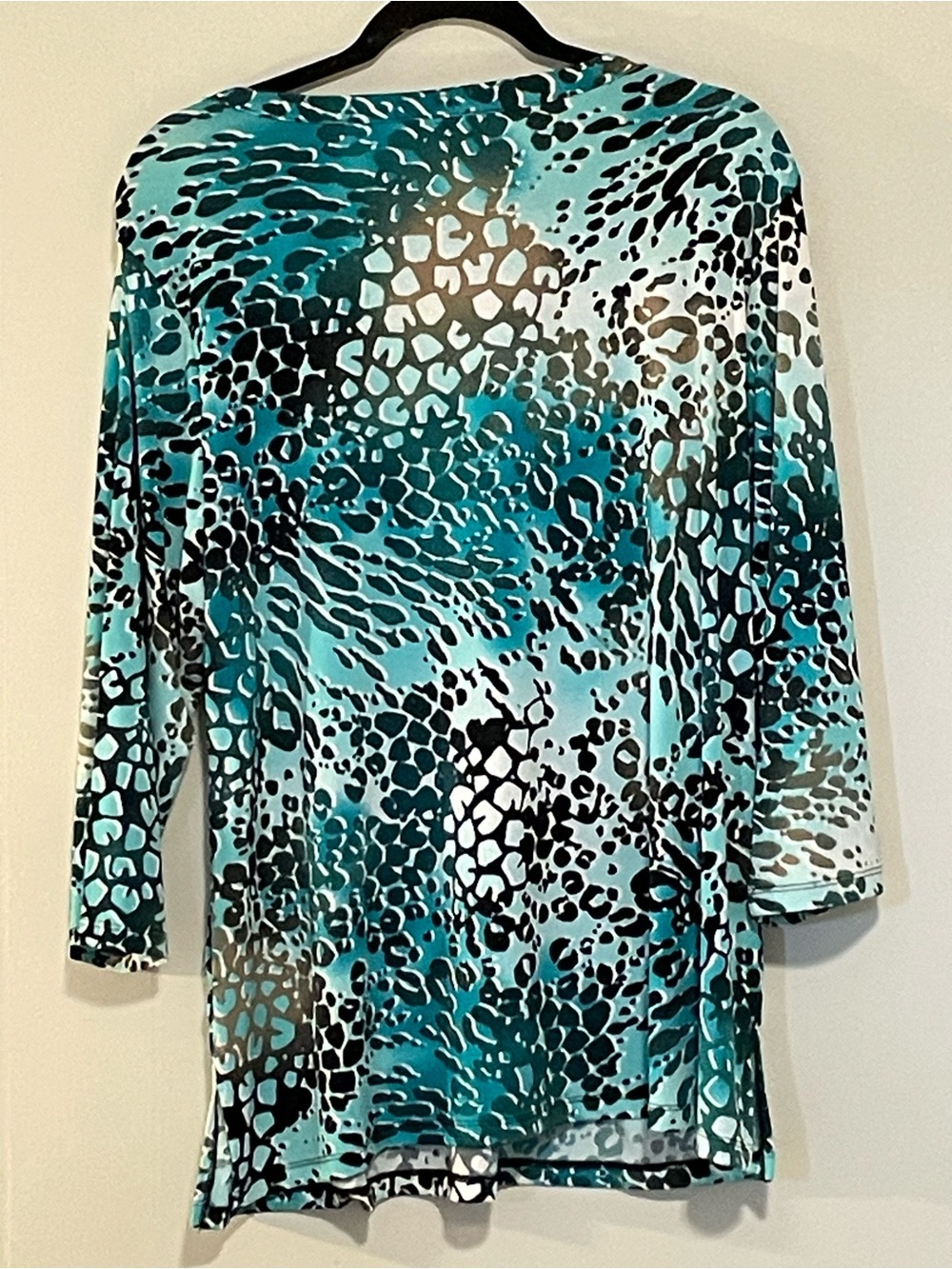 Women’s Turquoise Animal-Print Long Sleeve Top with Beaded Neckline. Item # 1164 - Picture 2 of 2
